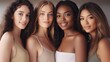 © Salsabila Ariadina - A diverse group of beautiful women with natural beauty and glowing smooth skin. Portrait of many attractive female fashion models with great skincare of all races, tones and style, Generative AI