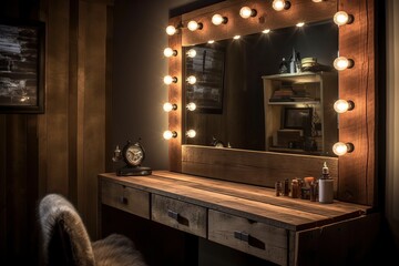 Wall Mural - Hollywood style dressing room with mirror sourronded by lightbulbs, generative ai