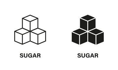 Sugar Cubes Line and Silhouette Icon Set. Low Glucose Black Pictogram. Healthy Sweet Vegan Product Symbol Collection on White Background. Isolated Vector Illustration