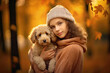 © MyPixelArtStudios - A young girl playing with her dog in a park during autumn, Generative AI