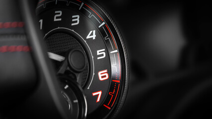 Wall Mural - close up black car panel, digital bright tachometer.