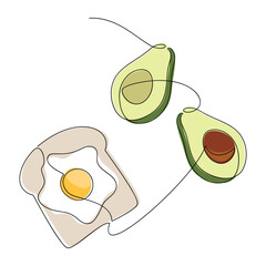 Line continuous hand drawn illustration. Avocado, egg on toast vector. Fruit and vegetable icon. Minimal linear silhouette. Outline design, print, banner, card, logo, cartoon sign, graphic doodle.