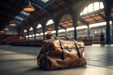 Traveller Leather Bag, Luggage At Train Station With Blurred Background. AI Generated.  Generative AI