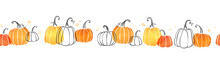Cute Hand Drawn Pumpkin Horizontal Seamless Pattern, Hand Drawn Pumpkins - Great As Thanksgiving Background, Textiles, Banners, Wallpapers, Wrapping - Vector Design