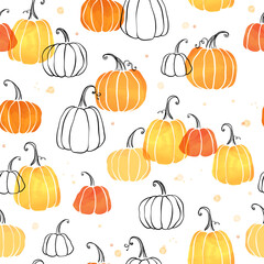 Wall Mural - Cute hand drawn pumpkin horizontal seamless pattern, hand drawn pumpkins - great as Thanksgiving background, textiles, banners, wallpapers, wrapping - vector design