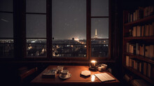 A Table With A Book And A Candle On It. Open Window Overlooking Paris. Ai Generadet Art.