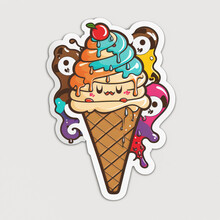 A sticker of a ice cream with a colorful ice cream cone with a blue and red topping. Al generated art.