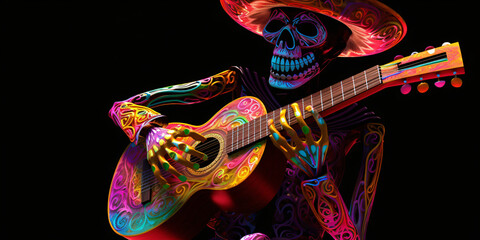 skeleton with a mexican sombrero plays guitar in glowing neon colors isolated on black background, generative ai