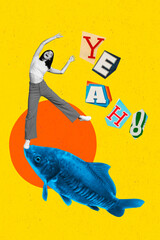 Poster - Vertical collage image of mini positive black white gamma girl huge blue fish dance scream yeah isolated on yellow background