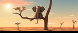 Fototapeta Pokój dzieciecy - Happy Elephant, Sitting on Tree Branch, Summer Desert Landscape, Generative AI