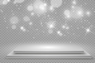 Wall Mural - Podium, pedestal or platform, with sparks in the background. Vector illustration. Bright light. Light from above. Place for ads
