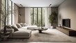 Modern bright interiors apartment Living room, large windows. Generative Ai