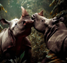 Two Big Rhinos Kissing In The Middle Of The Jungle. AI TECHNOLOGY