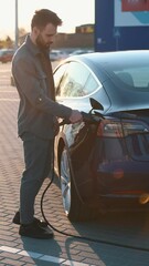 Wall Mural - Blue colored automobile. Putting the charger in. Man is standing near his electric car outdoors.