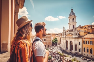 Rome travel destination. Tourist couple in sunny city beautiful urban landscape view. Generative AI.