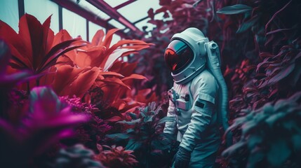 Wall Mural - Astronaut grows and farms plants on an alien planet, Generative AI