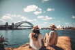 © VisualProduction - Sydney travel destination. Tourist couple in sunny city beautiful urban landscape view. Generative AI.