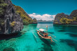 © VisualProduction - Palawan Philippines boat travel destination. Tourist couple on sunny sandy beach with beautiful landscape. Generative AI.
