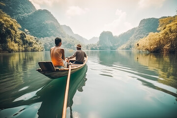 Wall Mural - Palawan Philippines boat travel destination. Tourist couple on sunny sandy beach with beautiful landscape. Generative AI.