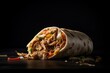 Chicken and veggie filled tortilla-wrap or shawarma with doner kebab on black background. Generative AI