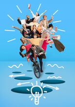 Creative Group. Team, Employees Riding Bike Together Over Blue Background. Ideas, Brainstorming, Imagination. Contemporary Art Collage. Business, Office, Career Development, Success And Gorwth Concept