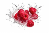 Fototapeta Kuchnia - Raspberries and splashes of water on a white background. AI generative.