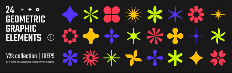 Aufkleber - Vector abstract geometric graphic elements for design, Collection of various form, labels, shapes, stickers inspired by brutalism, set basic figures in y2k style, retro futuristic assets, set 1