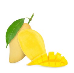 Wall Mural - Ripe Mango with green leaf isolated on white background. Clipping path.