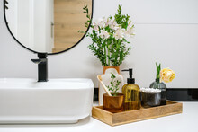 Hygiene Supplies And Beautiful Decor In Hotel Washroom