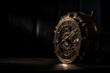 Wall Mural - A black background has a golden clock with gears, casting shadows on the wall. Generative AI