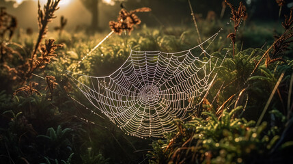 spider web with dew drops in the morning. generative ai