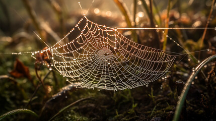 Wall Mural - spider web with dew drops in the morning. Generative AI	