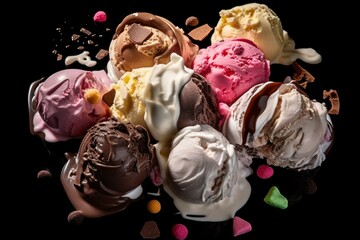 Wall Mural - Assorted ice cream melting, isolated, studio shoot. Closeup display for poster, banner, menu. Top view flat lay. Generative AI