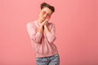 © mary_markevich - young pretty cute woman in stylish outfit in pink sweater and sunglasses