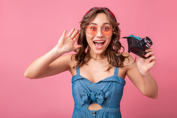 Wall Mural - attractive smiling happy woman posing with vintage photo camera