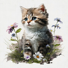 Watercolor Cute Kitten Hold Flower. Delicate Spring Illustration - Baby Cat With Bouquet. AI Generated Image, Digital Art. Nursery Decor, Wall Art, Printable Illustration. AI Generated Image.