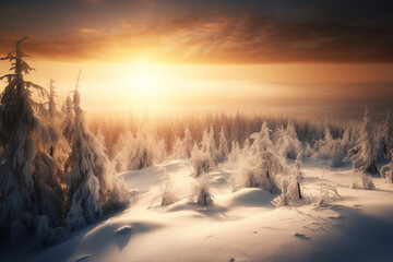 Wall Mural - Beautiful sunset in the snow field generative AI