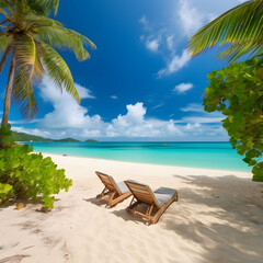 Beautiful tropical beach with white sand and two sun loungers chairs partly cloudy sky blue trees palm