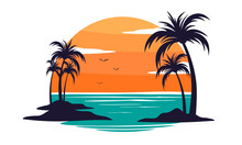 Tropical Paradise Emblem With Palm Trees And Sunset, Vector Logo Template, Isolated On White Background, Copy Space.