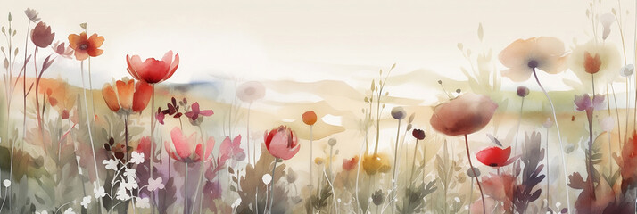 Wall Mural - Watercolor meadow, seasonal spring background, nature wallpaper, generative ai