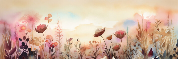 Wall Mural - Watercolor meadow, seasonal spring background, nature wallpaper, generative ai