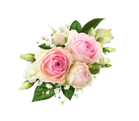 Floral arrangement with pink roses, eustoma and gypsophila flowers isolated on white or transparent background