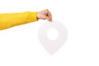 white map pointer 3d pin. Location symbol in hand isolated on transparent background