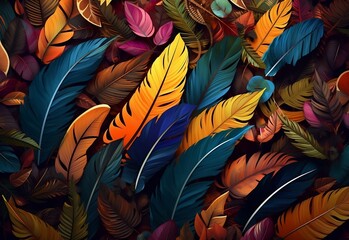 Wall Mural - Colorful feathers leave on the living wall 3d abstraction wallpaper. Abstract seamless pattern peacock feathers background. Multicolor feather above on hanging wall interior mural painting, Ai.