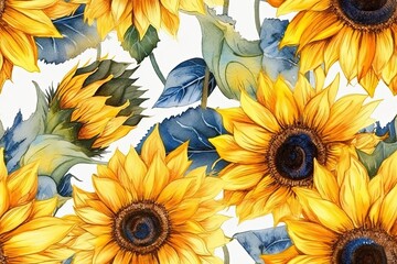 Watercolor sunflower pattern on light background. Generative AI