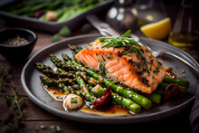 Grilled Salmon Fillet With Asparagus On A Plate. AI Generative