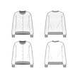 Technical sketch of knit cardigan design template. Front and back view white cardigan mock up. Vector illustration. Round neck button down placket jumper with rib trims. Fashion graphic top item.