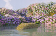 Natural beauty podium backdrop for product display with Hydrangea field. 3d rendering.
