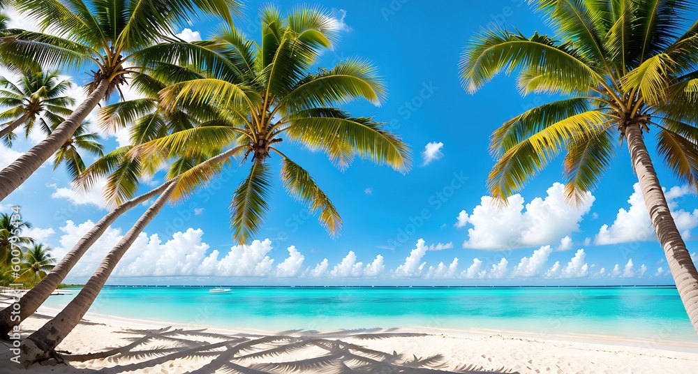 Palm trees line the sandy beach in front of a clear blue ocean ...