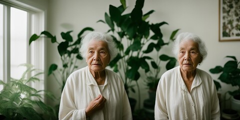 Sad, thoughtful and unhappy two old women alone at home. The worried old woman was lost in thought. Loneliness grief concept. Nursing home. Woman feeling anxious alone at home. Generative AI